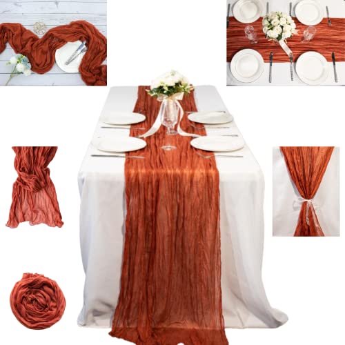 Bea's Party Chemin de table Bohème Nappe en mousseline de soie Vintage Grenat Nappe longue 300cm x 90cm Lavable en machine Mariage Décoration Table fête anniversaire rustique (Terracotta) Cover