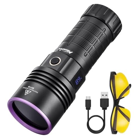 ALONEFIRE SV119 365nm UV Flashlight 90W Powerful Black Light Digital Display USB Rechargeable Black Light for Pet Urine Detector, Scorpion, Resin, Bed Bug, Fishing with UV Protective Glasses, Battery Cover