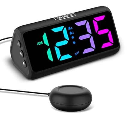 Netzu Loud Alarm Clock for Heavy Sleepers, Plug in RGB Vibrating Alarm Clocks with Bed Shaker, 5