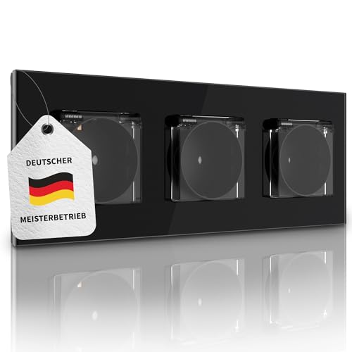 PULSAR Steckdose Unterputz Schwarz Glas - mit Deckel und gehärtetem Glasrahmen - Wandsteckdose 3-Fach mit Klappdeckel 230V 16A für Feuchtraum