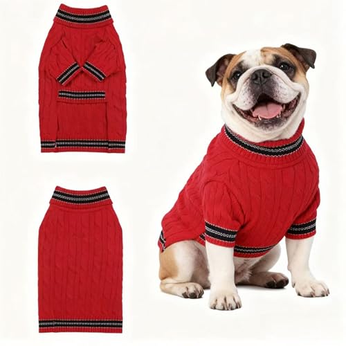 Image of Small /Medium Dog Sweater, Warm Dog Winter Coat w /Sleeves, Comfortable High Neck & Leash Hole, Premium Dog Clothes for Bulldog-Best for Holidays, Daily Walks L Bright Red