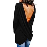 Lulupi Tshirt Damen Langarm Rückenfreie Shirt Sexy Pullover Oberteil V Ausschnitt Tops Frühling Herbst Lose Bluse Frauen Elegant Langarmshirt T-Shirt Schwarz