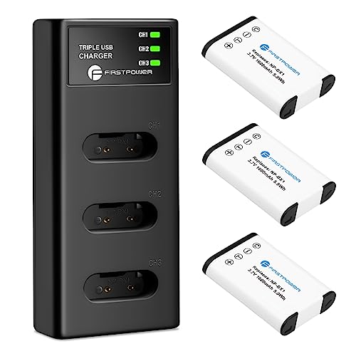 FirstPower NP-BX1 Battery 3-Pack and Triple Slot Charger for Sony ZV-1F, ZV-1, ZV-1 II, Cyber-Shot DSC-HX80, HX90V, HX95, HX99, RX1, RX1R II, RX100 (II/III/IV/V/VA/VI/VII), FDR-X3000, HDR-AS50