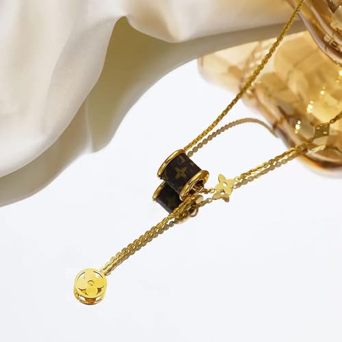 Gold Tone Black Cylinder Pendant with Star Charms Necklace - 18K Stainless Steel2