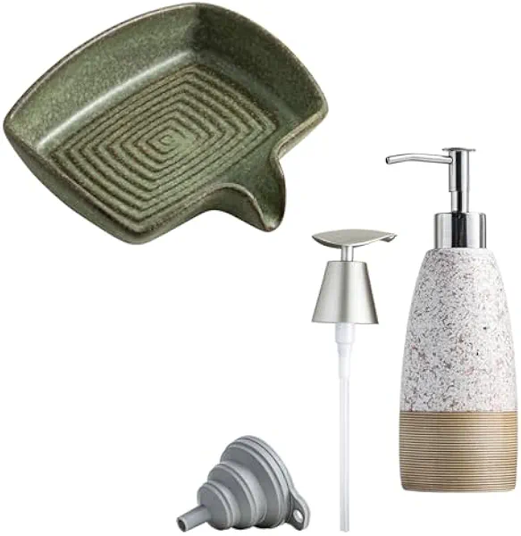 Soap Dish, Ceramic Drain Soap Holder & 12 oz Dish Soap Dispenser with 2 Pumps