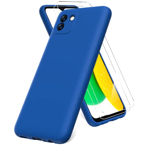 Vansdon Funda Compatible con Samsung Galaxy A03, 2 Unidades Protector Pantalla Cristal Templado, Silicona Líquida Gel Ultra Suave Funda- Azul Cover