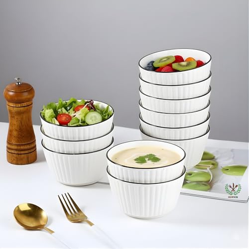 Image of Elegant White Ceramic Dessert Bowls with Black Rim - Set of 2, Ribbed Design, Perfect for Ice Cream, Desserts, Snacks, and More (2 Round Bowls)