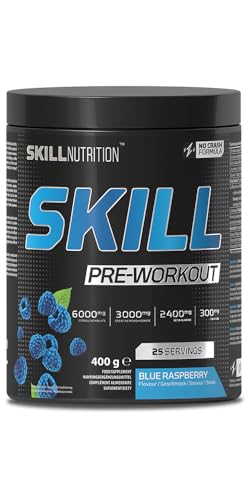 Skill Nutrition Pre-Workout Blue Raspberry - No-Crash Formula with Extended-Release Caffeine | Xtenergy®, TheaGreen™, Vitacholine®, Astragin® | Vegan, Halal | B-Vitamins, Citrulline, Beta-Alanine