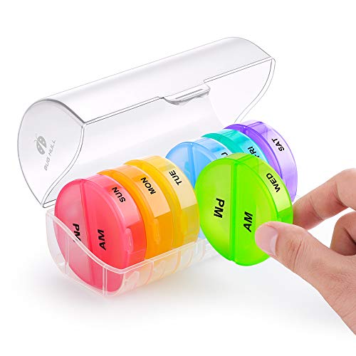 BUG HULL Pill Organizer 2 Times a Day, Twice a Day Weekly Pill Box, 7 Day AM PM Pill Case, Daily Round Medicine Organizer for Vitamins, Fish Oils or Supplement