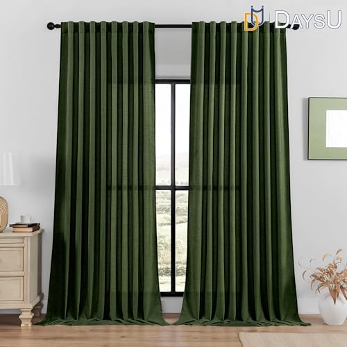 DaysU 98 Inch Length Olive Green Sheer Linen Curtains 2