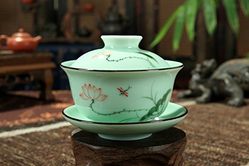 Chinese Style Celadon Gaiwan Teacup/ Coffee Cup (Hand Painted/lotus)