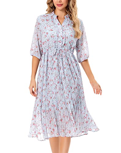 Image of Shineflow Women's Short Sleeve V-Neck 3 /4 Sleeve Button Up Chiffon Floral Pleated Midi Swing Dress with Belt