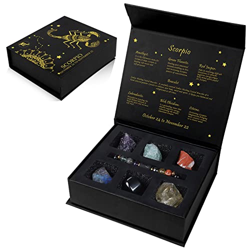 GolbalJew Scorpio Crystals Gift Set, Zodiac Signs Healing Crystals Birthstones with Horoscope Box Set Scorpio Astrology Crystal Bracelet Healing Stones Gifts