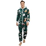 Ketamyy Pijama Navidad Una Pieza Hombre Franela Pijamas Mono Entero con Capucha Manga Larga Invierno Calentito Jumpsuit Adulto Onesie Ropa de Casa Dormir Verde XL
