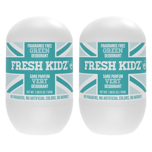 Fresh Kidz Roll On Deodorant for Kids and Teens - Baking Soda and Aluminum-free 24 Hour Protection for Sensitive Skin - Unscented "Green" 1.86 fl.oz. (2 Pack)