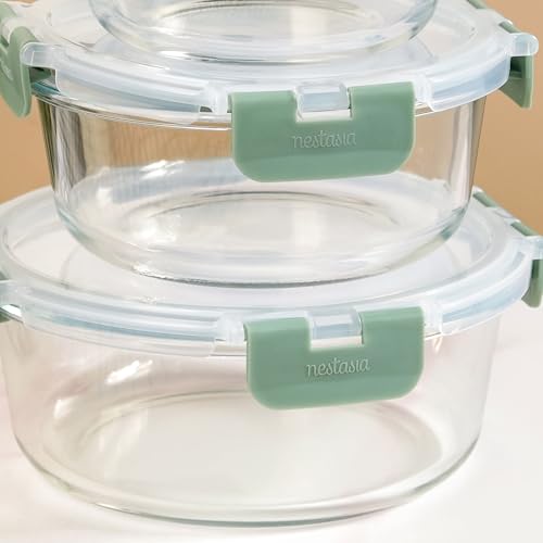 Image of Nestasia Nestro Airtight Glass Containers with Lid Set of 3 (400ml, 600ml, 950ml) | Spill Proof Round Glass Containers with Break Free Lock - Microwave, Dishwasher & Freezer Safe (Green)