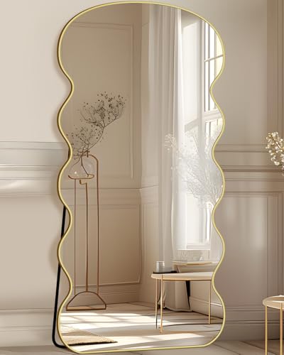 Image of LadyNow Wavy Full Length Mirror with Stand, 71” x 28" Floor Mirror, Aluminum Alloy Frame Wall Mounted Leaning Standing, Full Body Mirror for Bedroom Living Room Entryway,Gold
