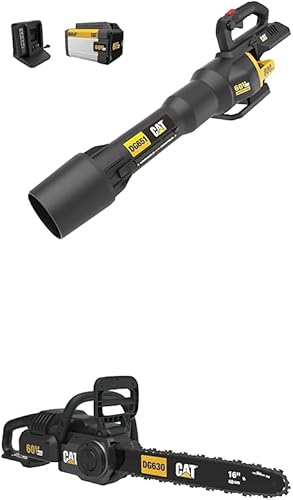 Cat Soplador de hojas de alta potencia de 60 V, 800 CFM, 170 MPH, control de aire variable inalámbrico + motosierra sin escobillas de 16 pulgadas