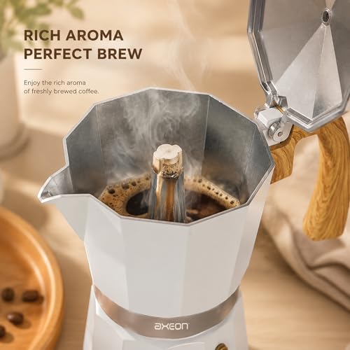 Image of AXEON Classic Moka Pot Espresso Coffee Maker - 240ml | Italian Style Mocha & Gas Stovetop Compatible | Food-Grade Aluminum with Cool Touch Handle | Brews 6 Cups, (Classic White Finish)