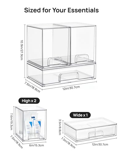 Image of Vtopmart Stackable Storage Drawers Set of 3, Clear Plastic Organizer Bins for Bathroom Supplies, Ideal for Cabinet,Shelf, Pantry, Laundry Room Organization