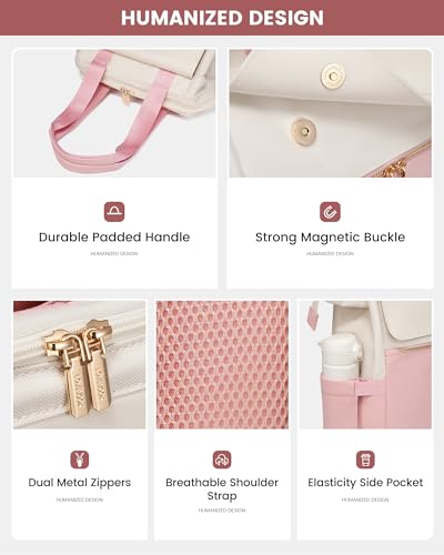 Image of LOVEVOOK Laptop Backpack for Women, 15.6 Inch Work Laptop Bag with USB Port, Fashion Teacher Nurse Backpack Purse, Waterproof Travel Computer Backpack with Organizer Bag, 2PCS, Beige-Pink