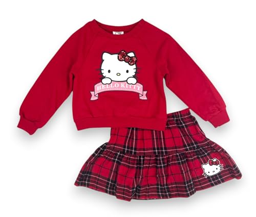 Image of Hello Kitty Girls 2-Piece Outfit Set, Long Sleeve Fleece Sweatshirt and Plaid Flannel Skirt, Fall Winter Clothing - Red Plaid 5-6