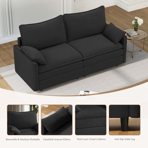 Image of Vesgantti 74 inch Loveseat Sofa for Living Room, Comfy Cloud Couch Deep Seat Chenille Modern 2 Seater Small Sofa with Armrest Pillow, Easy Assembly for Small Spaces, Black