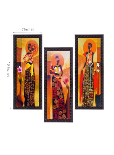 Image of eCraftIndia Set Of 3 Tribal Village Ladies Paintings Digital Printed Woman Wall Art - Ethnic And Captivating Home Decor Accent - Gift For Art Lovers And Cultural Enthusiasts