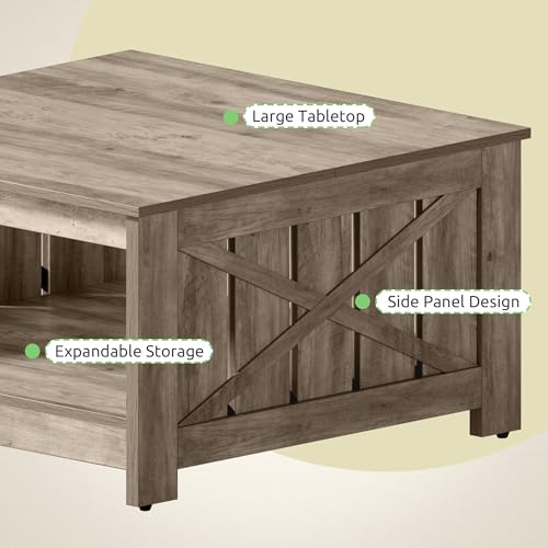 GOOBED Farmhouse Sqare Coffee Tables for Living Room with Storage, Grey Wash Coffee Table 2 Tier Spaciou Storage Shelf, Modern Center Table Small Coffee Tables, Rustic Grey