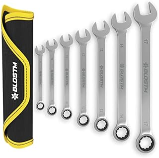 BLOSTM Ratcheting Combination Wrench Spanner Set - 7-Piece Metric Ratchet Spanner Set (8mm to 17mm), Combination Spanner Set Ideal for DIY, Car & Bike Repairs - Includes Roll-Up Storage Pouch - 7 PCS