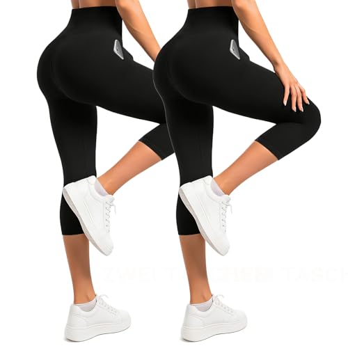 Ipletix Capri Leggings with Pockets for Women-2 Packs High Waisted Buttery Soft Opaque Yoga Pants for Gym Workout Black SM