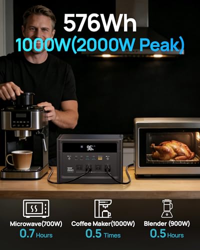 Image of Portable Power Station 1000W (2000W Peak), 576Wh LiFePO4 Battery Solar Generator, 1.8H Fast Charging, Emergency Backup for Home Use, RV Camping, Road Trip (Solar Panel Optional)