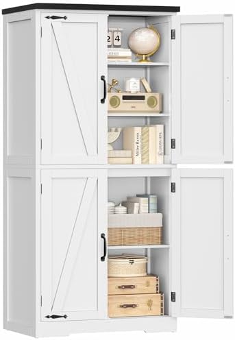 58.5" H Storage Cabinet, Farmhouse Kitchen Pantry Cabinet with 4 Doors | Bathroom Cabinet with Adjustable Shelf, Cupboard for Kitchen, Bathroom, Living Room, White