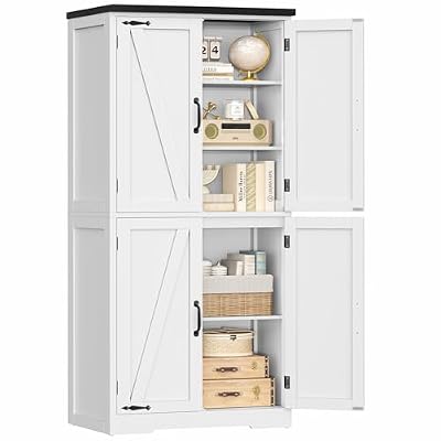TEENFON 58" H Storage Cabinet with Adjustable Shelf, Farmhouse Kitchen Pantry Cabinet, Bathroom Cabinet with 4 Doors, Cupboard for Kitchen, Bathroom, Living Room, White
