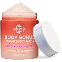 Dermasuri Exfoliating Sugar Body Scrub, Hyaluronic Acid, Shea Butter, 227g | Vitamin C Body Scrub For Women & Men, Hydrating Body Exfoliator Removes Dead, Dry Skin, Coconut Passion Fruit, All Skin Types
