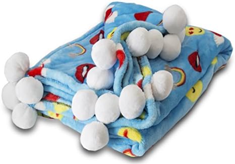 POSH HOME (50x60 (Rainbow) Pompom Velvet Emoji Fleece Plush Throw, Super Soft Large Oversized Cozy Lightweight Blanket for Toddlers Kids Teens and Young Adult