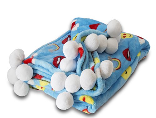 POSH HOME (50x60 (Rainbow) Pompom Velvet Emoji Fleece Plush Throw, Super Soft Large Oversized Cozy Lightweight Blanket for Toddlers Kids Teens and Young Adult