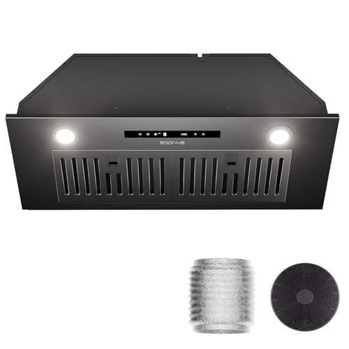 SOONYE 30 Inch Range Hood Insert, 600 CFM Convertible Ducted/Ductless Matte Black Hood with Touch and Gesture Controls, 3-Speed Fan, LED Lights, Baffle & Carbon Filters