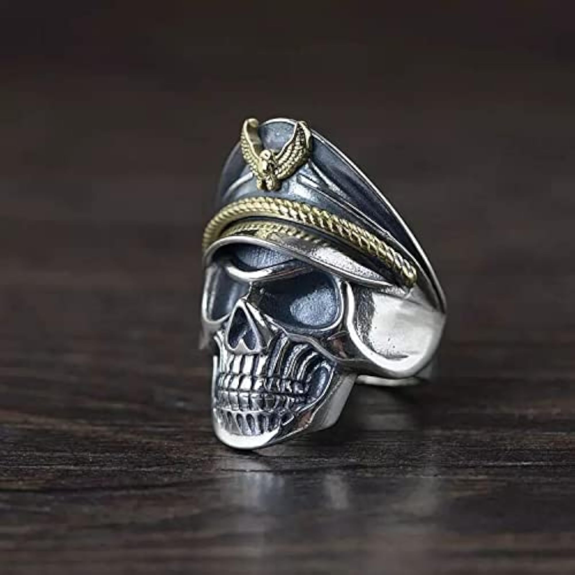 Men's Adjustable Silver Eagle Skull Pilot Ring