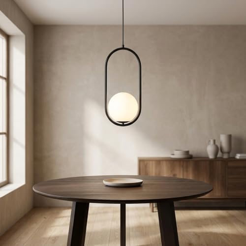 Barcelona LED Lámpara colgante JOHN E27 en color dorado, diseño minimalista y elegante con estructura de aluminio, bola de cristal opalino Ø15 cm, estilo clásico, moderno y lujoso