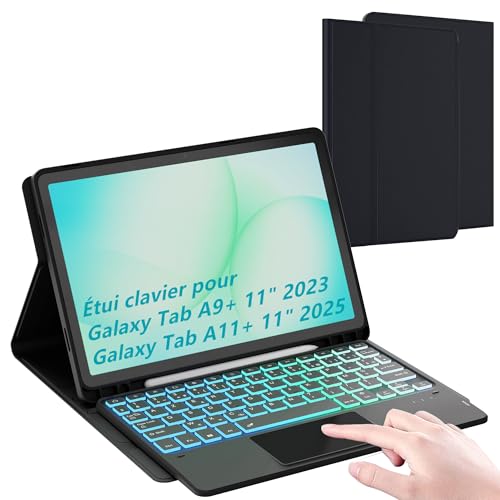 pour Samsung Galaxy Tab A11+/A9+ Plus 11 pouces Étui avec clavier détachable - français AZERTY, Clavier rétroéclairé arc-en-ciel avec pavé tactile -...
