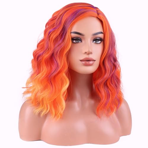 Image of BERON Orange Pink and Purple Short Wave Wig for Women Girls Colored Body Heat Resistant Synthetic Wig for Cosplay Costume Party or Daily