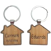 regalo grabado - 2 Llaveros Casa Personalizado | Bambú y Metal |