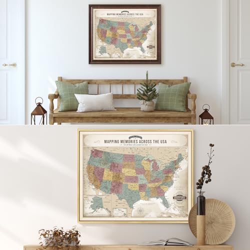 Image of DECORARTS - Personalized Push Pin Travel Map USA, Custom Name, Pin Board Canvas Wall Art, Soft Vintage Pastel United States Decor, Optional Wood Frame, Giclee Print, Handcrafted in USA, 20x16''