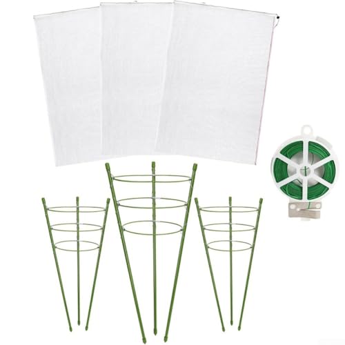 Zeroupshop Lot de 3 cages de support pour plantes à tomates avec filets de jardin et corde fixe pour plantes grimpantes, légumes et fleurs, cadre en plastique résistant aux intempéries pour