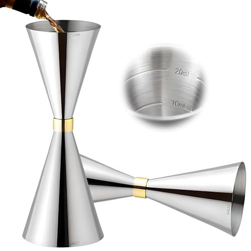 Delgeo Premium Stainless Steel Cocktail Jigger & Cocktail Measure with Clear Marks: 5/10/15/20/25/30/40/50 ml, Ideal for Precision Cocktail Making & Wine Measure, Elegant Silver Finish