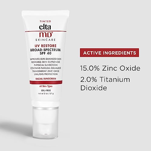 Eltamd Uv Restore Tinted Face Sunscreen, Spf 40 Tinted Mineral Sunscreen For Sun Damaged Skin Repair, Improves Skin Suppleness And Moisture Retention, Dermatologist Recommended, 2 Oz Tube #TOP4