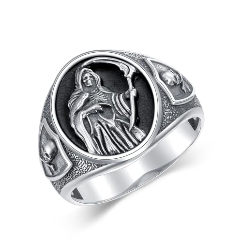 Santa Muerte Ring for Men Size 9/10/11 In 925 Sterling Silver Goth Grim Reaper Skull Signet Ring Jewelry