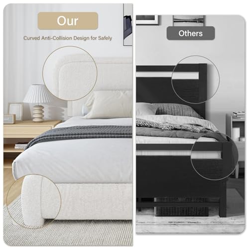 Image of BarnFurin Queen Bed Frame, Cloud Boucle Headboard, Rounded Corners, White | Soft boucle and rounded edges create a low-profile cloud look. Wooden slats support the mattress without a box spring