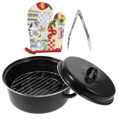 Cabilock 26cm Roasting Pan Lid and Gloves Enamel Cooking Pot Multi-Function Turkey Cooker Household Roaster for Kitchen and BBQ